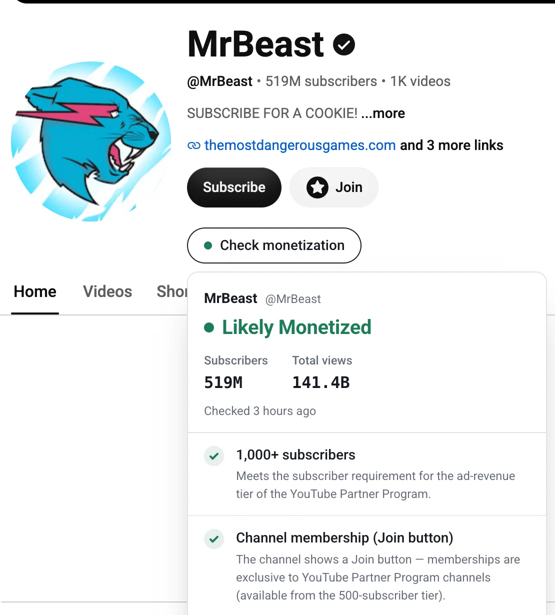 MrBeast 채널 이름 아래의 Check monetization 버튼과 열린 결과 카드. Likely Monetized, 구독자 5억 1,900만 명, 그 근거가 된 신호가 보인다.